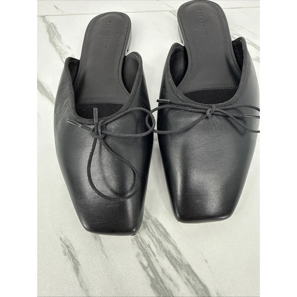 Everlane The Ballet Mule Leather Square Toe Bow Flat Slides Shoes Black Womens 8
